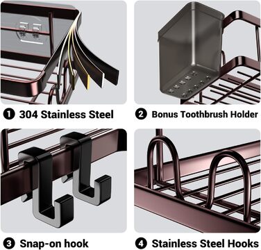 Кутова поличка для душу: 2 шт. самоклеючі полиці для душу – без свердління, нержавіюча сталь, поличка для душу з гачками та тримачем для зубної пасти – аксесуари для ванної кімнати