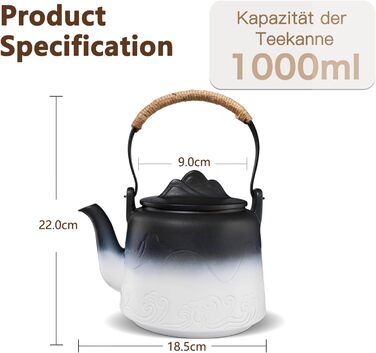 ZENS Design Japanese Teapot, 1000ml Gradient Embossed Japanese Teapot Ceramic with Built-in Strainer and Hemp Rope Handle for Loose Tea Steeper, Gift for Tea Lovers, Black & Bean Green (Black & White, 1000ml Teapot)