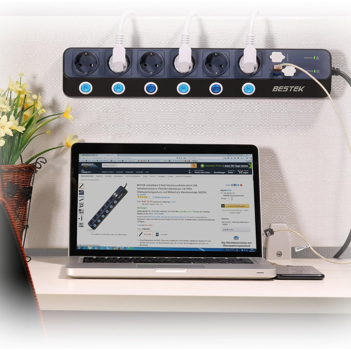 BESTEK Розподільник розеток з 6 розетками, 4 USB, захистом від перенапруги 900 Дж, з вимикачем, синьо-білий, 1.8м кабель