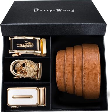 Чоловічий шкіряний ремінь Barry.Wang чорного кольору з автоматичною пряжкою (3 позиції), регульований бізнес-пояс, довжина 130 см, у подарунковій коробці