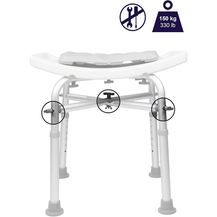 KMINA Shower Stool for Seniors - 150 kg Capacity, Double-Reinforced Crossbar, Cushion, Height Adjustable, Tool-Free Assembly - Made in Europe (White)