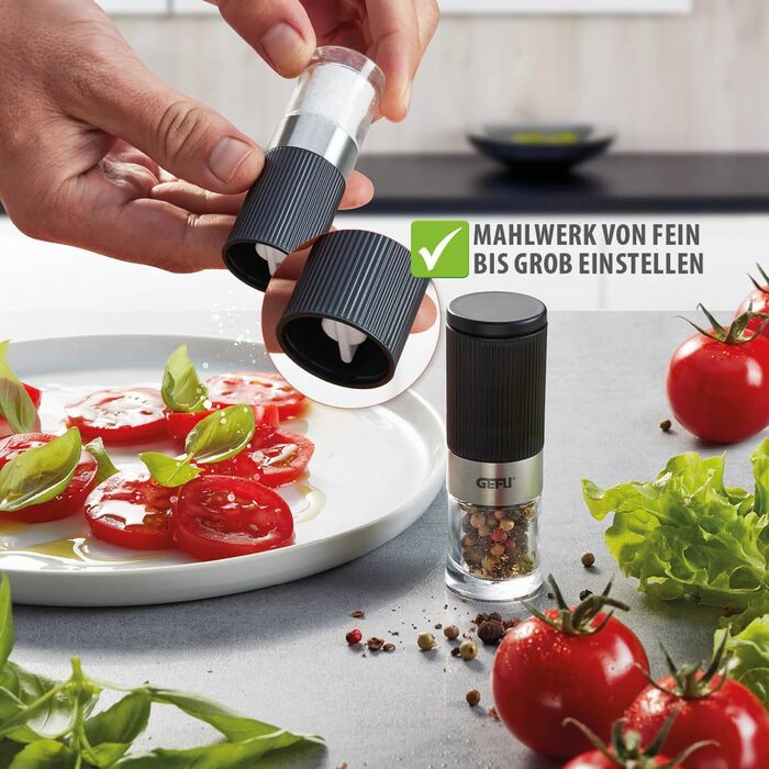 Набір мельниць для солі та перцю GEFU TUSOME, 2 шт. – міні мельниці з регульованим керамічним механізмом та кришками для аромату. Включає набір для сервірування столу |