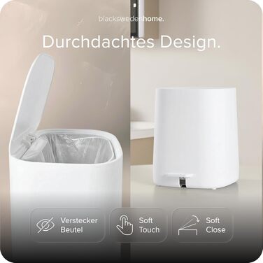 Смітник для ванної кімнати blackswedenhome на 5л з м'яким закриттям (Softclose) та внутрішнім відром, білий