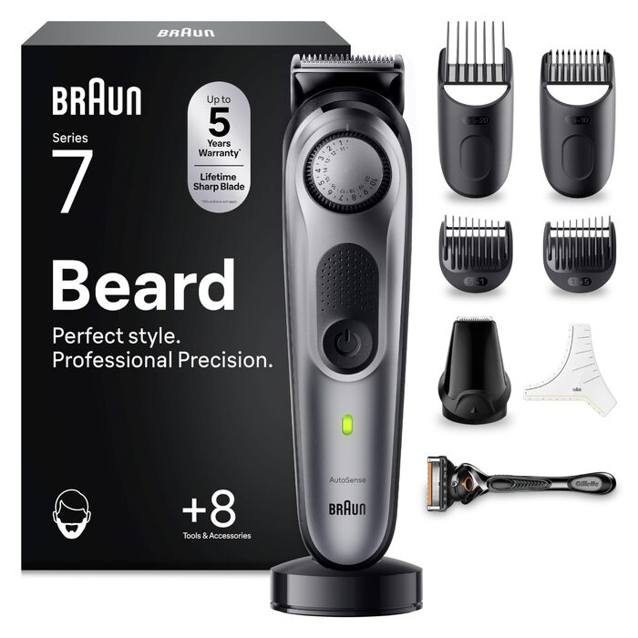 Триммер для бороди Braun Series 7 BT7420, акумуляторний, сірий - професійний тример з 40 насадками, водонепроникний, з Gillette Fusion5