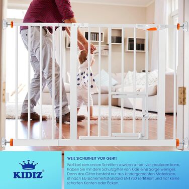 Захисне ворота KIDIZ для котів з люком, захист для дверей, ворота на сходи для дітей без свердління | Зупинка 90°, поворотне, захист для сходів, білий/ширина: (102-115 см, помаранчевий)