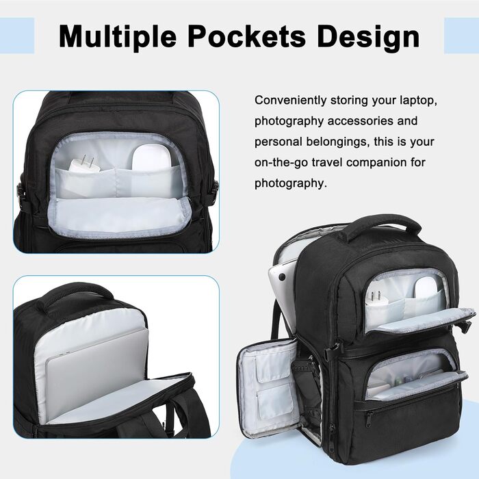 MOSISO Рюкзак для камери, DSLR/SLR/беззеркальна камера, сумка з швидким доступом, фоторюкзак для подорожей з відділом для ноутбука 15-16 дюймів, дощовик та 3 передні кишені, сумісний з Canon/Nikon/Sony, чорний