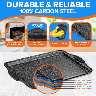 Набір форм для випічки Emporio Kitchen – антипригарне покриття, набір форм з вуглецевої сталі з сірими силіконовими ручками, без PFOA, PFOS, PTFE, рецептурник в комплекті, деко для випічки (до 230°C), сірий, набір з 25 шт.