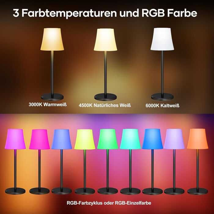 Бездротова LED лампа Suright для столу: регульоване світло, 3 кольори + RGB, сенсорне управління, IP54, для дому та відпочинку