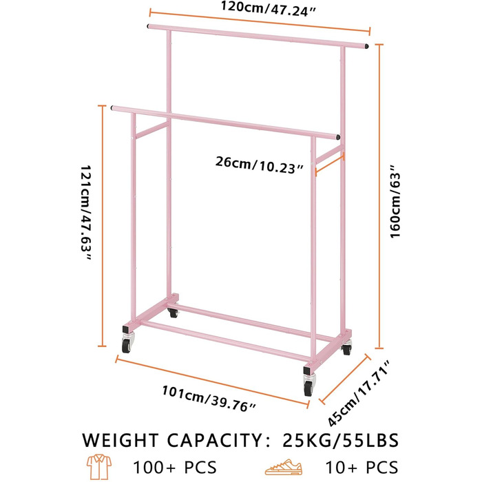 Мобильна вішалка для одягу Calmootey з подвійною перекладиною, біла (рожева)