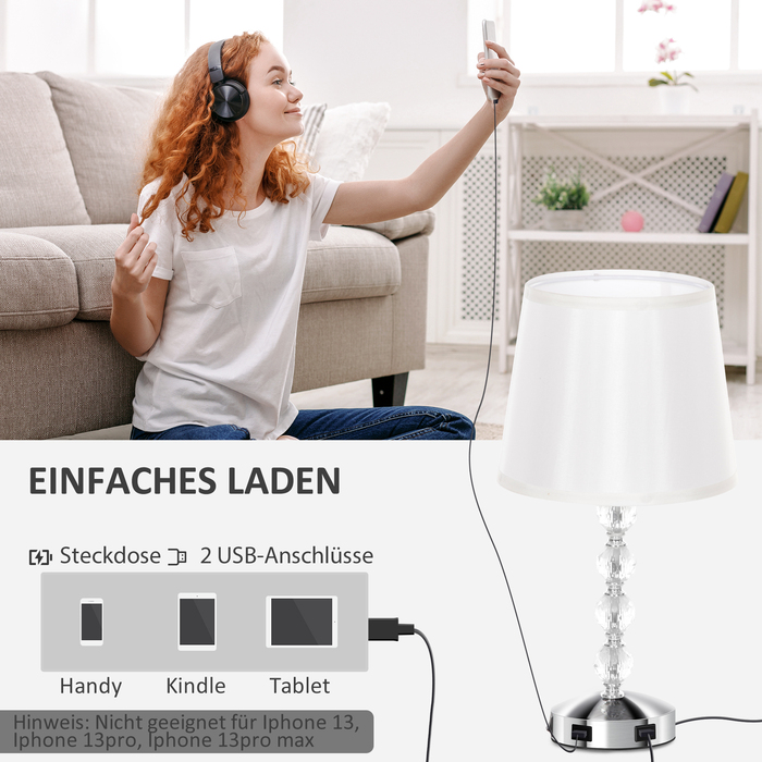 HOMCOM Table Lamp LED Desk Lamp USB Rechargeable, Crystal Nightstand Lamp, Lamp Base E27, for Living Room Bedroom, Glass, Silver 23 x 23 x 45 cm | Aosom