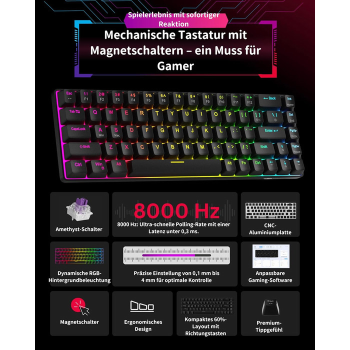 Механічна ігрова клавіатура MageGee MK-Box 68 клавіш (TKL), LED-підсвічування, з червоним перемикачем, для Windows/Mac/Laptop, сіра (Hall Effect)