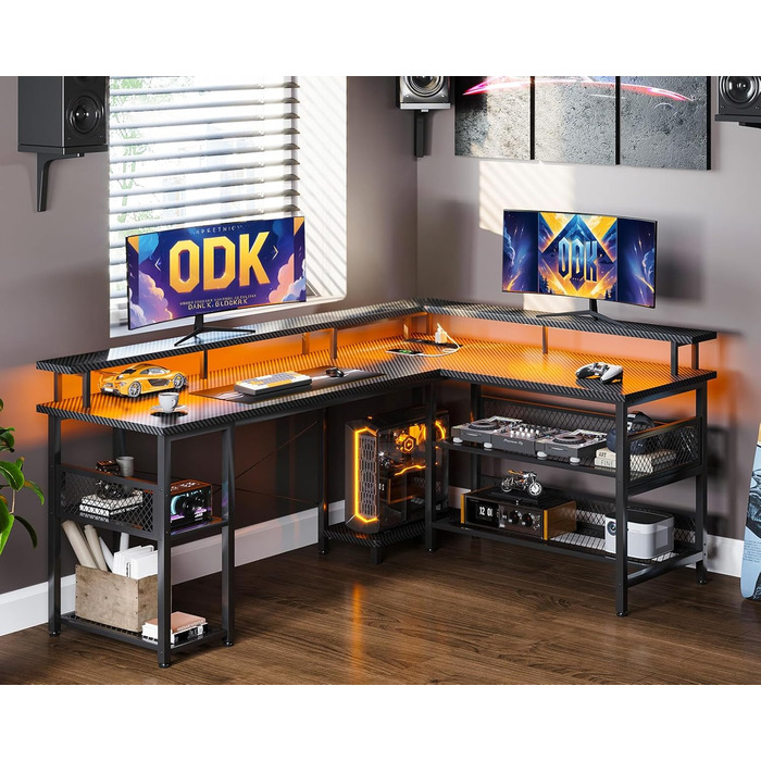 Ігровий стіл ODK з LED, кутовий, з розетками та USB, велика карбонова поверхня 168×120 см, чорний