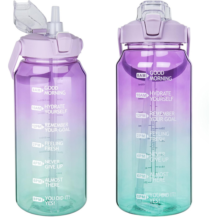 2L Tritan Water Bottle with Straw & Time Marker 2 liter BPA-free Motivational Water Bottle with Clock Large Sports Bottle for Gym, Fitness, Hiking (Transparent Purple / Green)