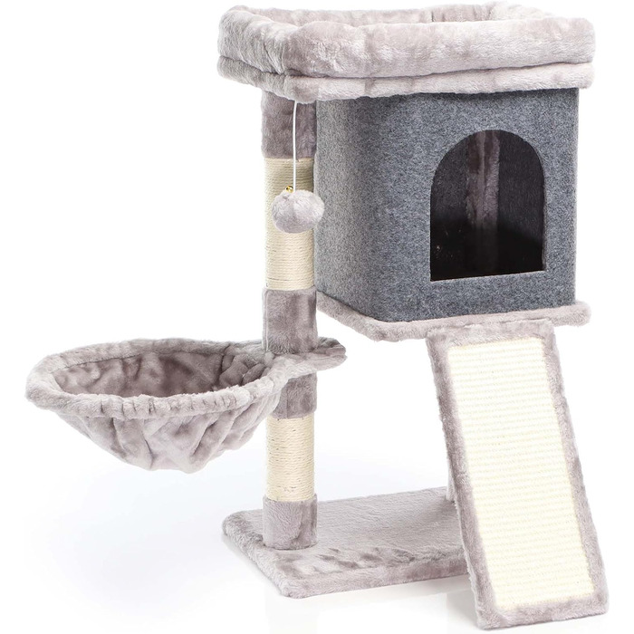 Котячий будиночок-крізьбаум Фудаджо сірого кольору, 71,5 см, з платформою для відпочинку, лежаком, дряпалкою та будиночком для котів