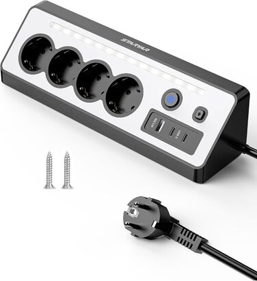 Мережевий адаптер з USB та 2 Type-C, 4 розетки, 16A, 3680W, з вимикачами, захист від перенапруги, LED, для кухні/офісу, білий/чорний