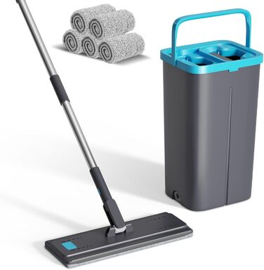 Набір для миття підлоги Wischmopp з відром, мікрофібра, віджимний механізм, 2 в 1, регульована ручка, 6 мікрофібрових насадок, сірий + блакитний