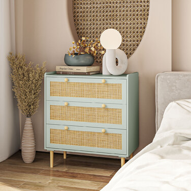 HOMCOM Bedside Table/Chest of Drawers with 3 Drawers, Sideboard with Boho Style, Rattan Look, Chest of Drawers for Living Room, Bedroom, Light Blue 80 x 40 x 87.5 cm | Aosom