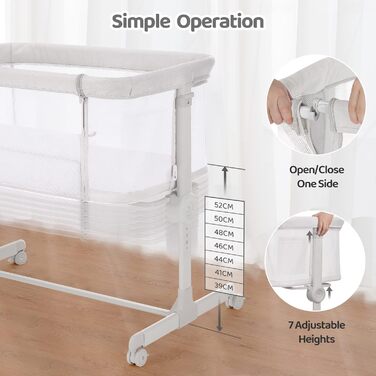 Ezebaby Bedside Sleeper, 2-in-1 Baby Bed from Birth up to 9 kg, Co-Sleeper with 7 Height Adjustments, Includes Mattress/Foldable Side Rail/Wheels, Mesh Fabric Crib (Dark Grey)