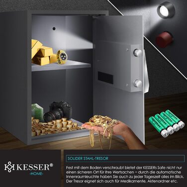 Електронний сейф KESSER® настінний, 31x20x20 см, з подвійним замком, LED підсвіткою, сталевий (срібний, XL)