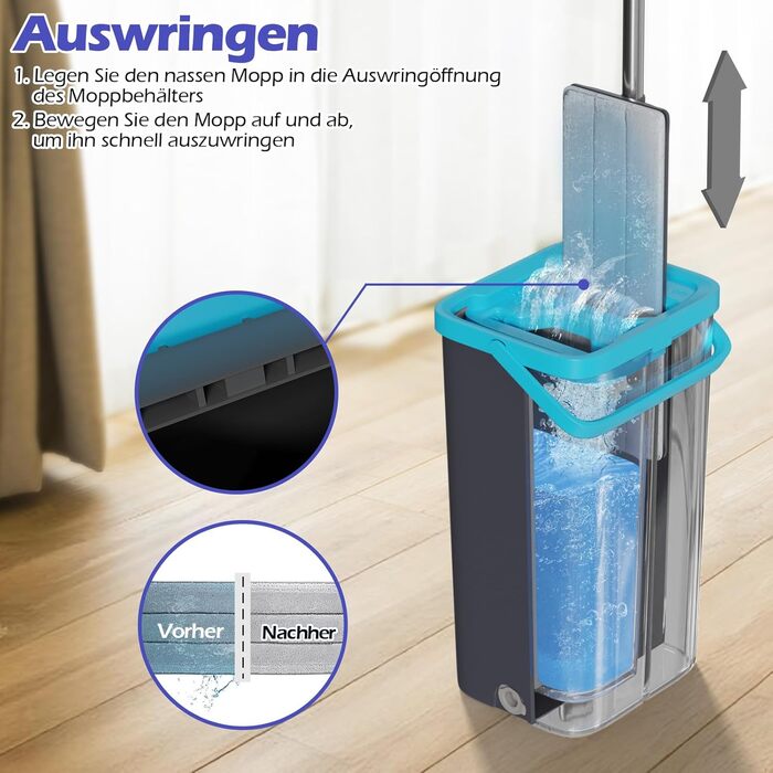 Набір для миття підлоги з відром, 2 в 1: моп з відром та функцією віджиму, з регульованою ручкою з нержавіючої сталі та 6 мікрофібровими насадками, підходить для плитки та ламінату (сірий + зелений)
