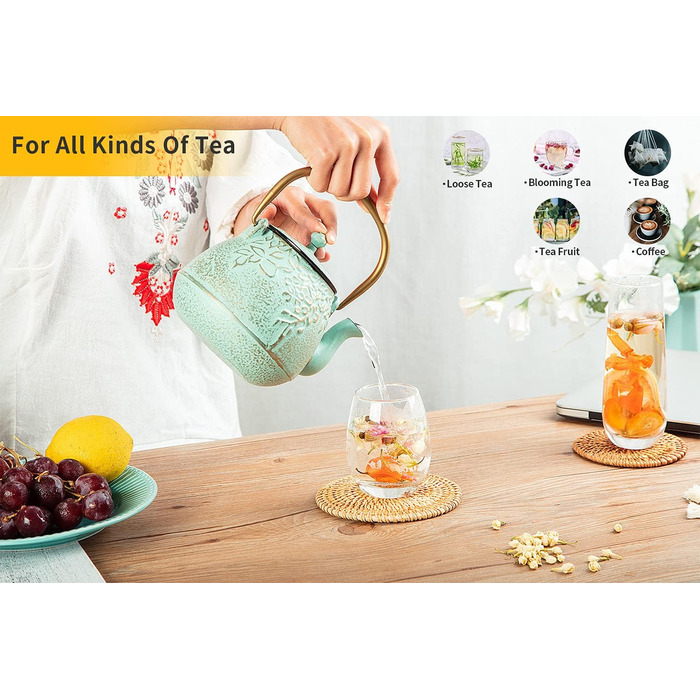 Чайник для плити преміум-класу, чавунний, з ситечкою для листового чаю, 1,5 л, зелений