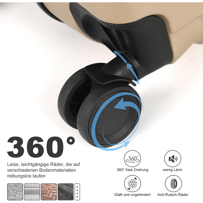 Великий валіза з ABS пластику, Trolley, валіза для подорожей з 4 колесами (360°), кодовий замок (3 цифри) та телескопічний ручка з алюмінію (XL – 95L), Колір: шампань