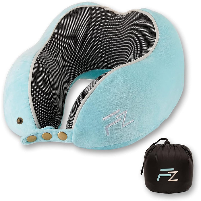 FLOWZOOM Neck Pillow for Children 6 Years and Up - Travel Pillow for Kids Airplane & Car Pillow for Children - Neck Support for Kids Made of Memory Foam with Extra Soft & Washable Cover, Comfy Kids Blue - Size M