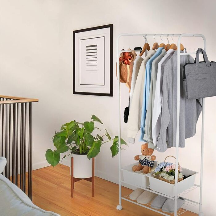 Unho Rolling Garment Rack, Metal Clothes Rack with 2 Shelves for Boxes, with Clothes Rod and Hooks, for Store Bedroom Dressing Room