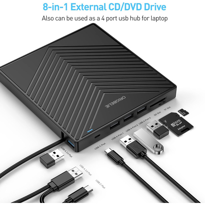Зовнішній DVD-накопичувач ORIGBELIE з 4 USB та 2 TF/SD слотами, ультратонкий CD/DVD-привід (записувач та рідер) для ноутбука, PC, Mac, Windows 11/10/8/7, Linux
