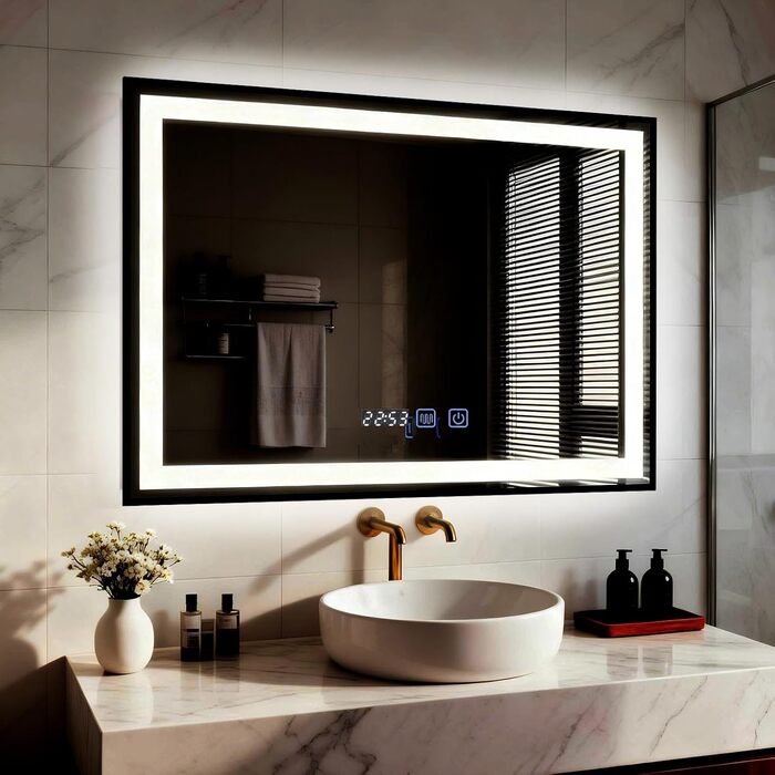 Дзеркало для ванної кімнати YU YUSING 60x80 см з підсвічуванням, проти запотівання, 3 кольори світла, регулювання яскравості, LED, годинник, IP44, металевий каркас, вертикальне, срібне