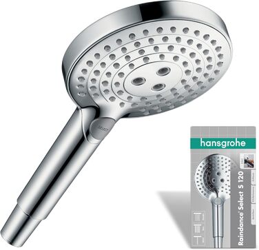 hansgrohe Raindance Select S - water-saving showerhead 9 l/min (EcoSmart), hand shower with 3 spray patterns, round shower head (⌀ 120 mm), water-saving showerhead with anti-limescale function, (water-saving showerhead (9 l/min) + hose, Chrome, water-saving showerhead (9 l/min) + hose)