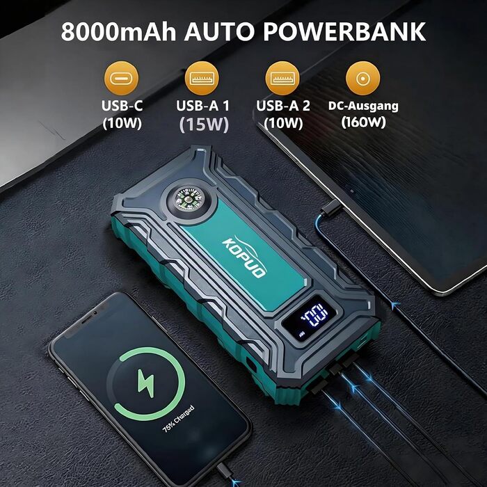 Бустер для автомобіля 7000A Jump Starter Powerbank 12V для бензинових (до 8л) та дизельних (до 6.5л) двигунів з LED-ліхтарем та набором аксесуарів (Блакитно-зелений)