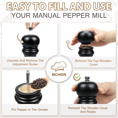 Набір з 2 дерев'яних мельниць для солі та перцю з регульованим млинком, великі, керамічні, ручні для морської солі, чилі, чорного та білого перцю