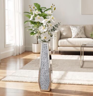 Ваза для квітів велика 68 см: срібна ваза з кристалами для пампас трави, скляна ваза з дзеркальним покриттям та блискітками, декоративна ваза для вітальні, інтер'єру – без підставки для води, 16L x 68H см