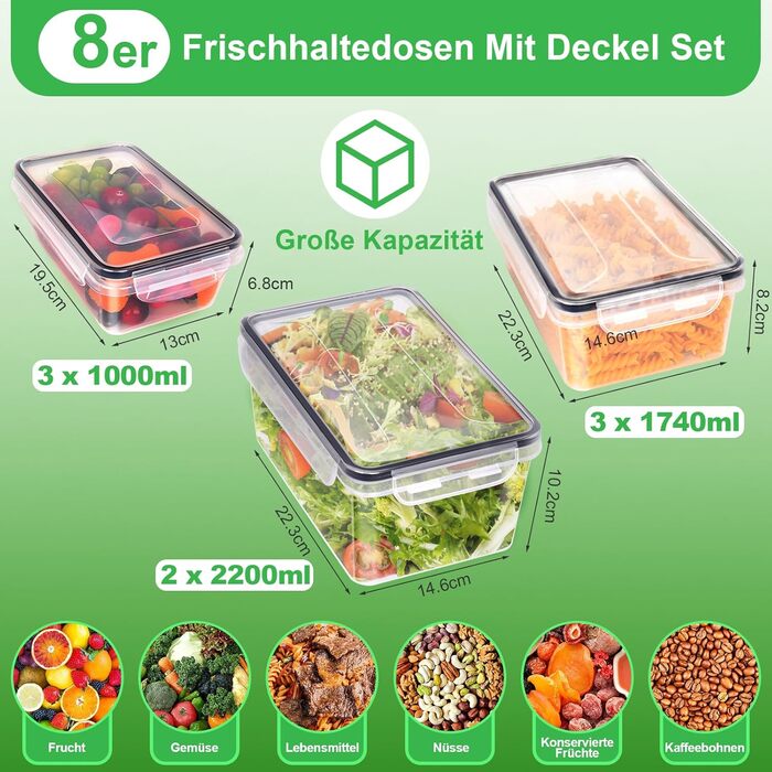 Набір контейнерів Kottwca, 30 шт. (15 контейнерів + 15 кришок) - набір для зберігання продуктів, 100% герметичність, BPA-Free, для мікрохвильовки та холодильника (8 великих об'ємів)