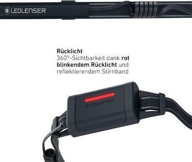 Ліхтарик налобний Ledlenser NEO5R для бігу, 600 лм, акумуляторний, з червоним заднім світлом, відбиваючий ремінець, грудний ремінь, поворотна голівка, чорний/сірий