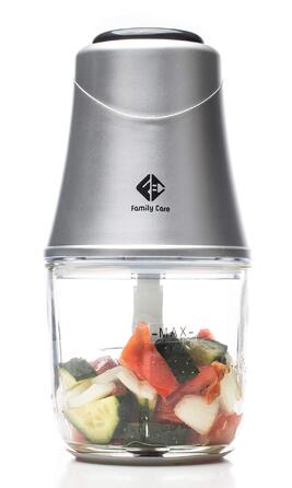 Електричний подрібнювач Family Care для кухні: 3 титанові леза, 300W, скляна чаша 600 мл, багатофункціональний, для м'яса, цибулі, овочів, горіхів, льоду