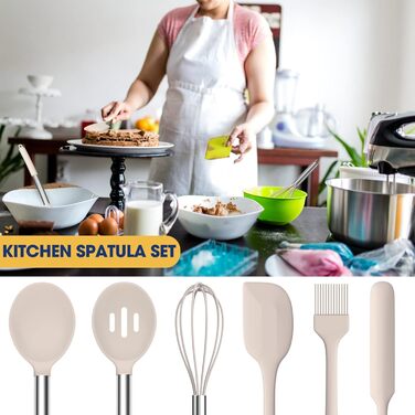 Silicone Cooking Utensil Set, Mushroom, Non-Stick Coated, Kitchen Gadgets, 24-Piece Cooking Utensil Set, Heat-Resistant Cookware, Silicone Kitchen Tools with Stainless Steel Handle (Khaki-24-Piece)