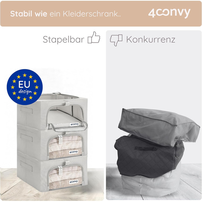 4CONVY Коробка для зберігання одягу з блискавкою та металевим каркасом - 3x24L, сіра, з вікнами (2 шт.) [2024, покращений матеріал]