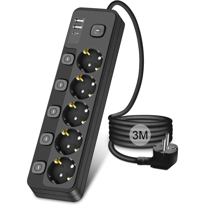 Мережевий фільтр 5-портовий з USB-A та USB-C, з індивідуальним вимикачем, захист від перенапруги, для дому та офісу (3M)