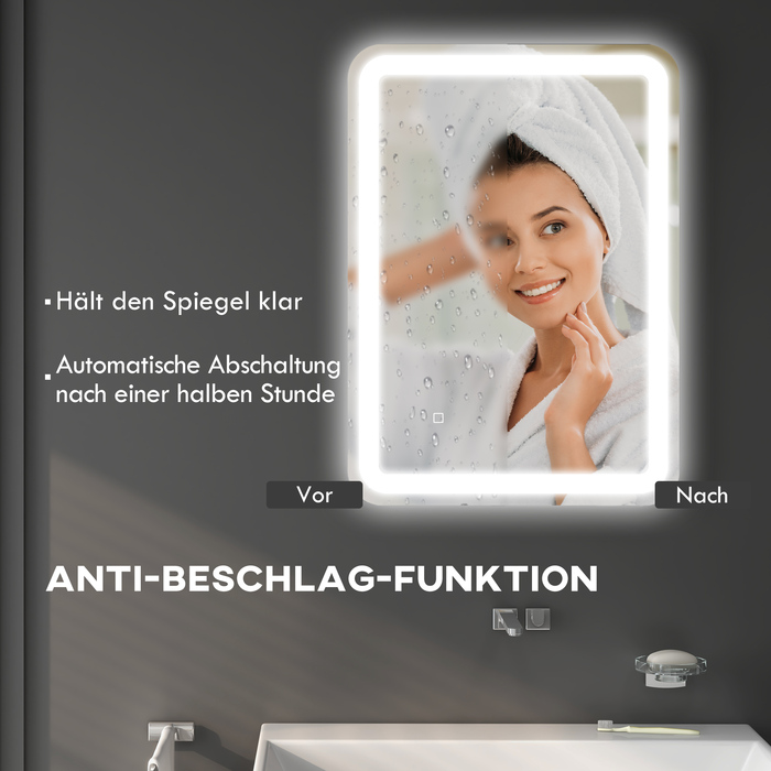 Дзеркало Kleankin Bad Spiegel LED 50 x 70 см з 3 кольорами світла та сенсорним вимикачем, IP44, автоматичне проти запотівання, функція пам'яті, скло Hartglas, срібний