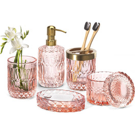 EMPO 6-Piece Bathroom Accessories Set in Clear Glass (Lotion-Soap Dispenser, Soap Dish, Toothbrush Holder, Tumbler, Cotton Swab Jar), Modern Decoration, Crystal Vintage Gift (Oceanente) (Vintage and transparent)