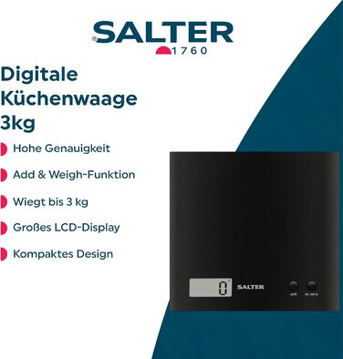Кухонні ваги Salter Arc 1066 BKDRAS15 - цифрові, чорні, з LCD-дисплеєм, функція таро та додавання