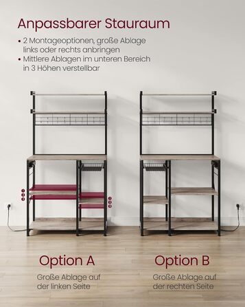 Полиця кухонна VASAGLE з розетками, стелаж для мікрохвильової печі, 8 гачків S-подібної форми, кухонний шафчик, органайзер для спецій, 40 x 90 x 165,5 см, коричневий вінтаж та чорний, KKS031K11