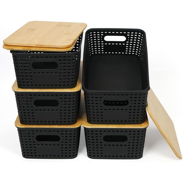 UHAPEER Storage Box with Bamboo Lid, 6 Pack Storage Basket, Plastic Basket Storage, Kitchen Organizer White, Stackable Storage Boxes, Box with Lid 25.6 x 18 x 10.7 cm (Black)