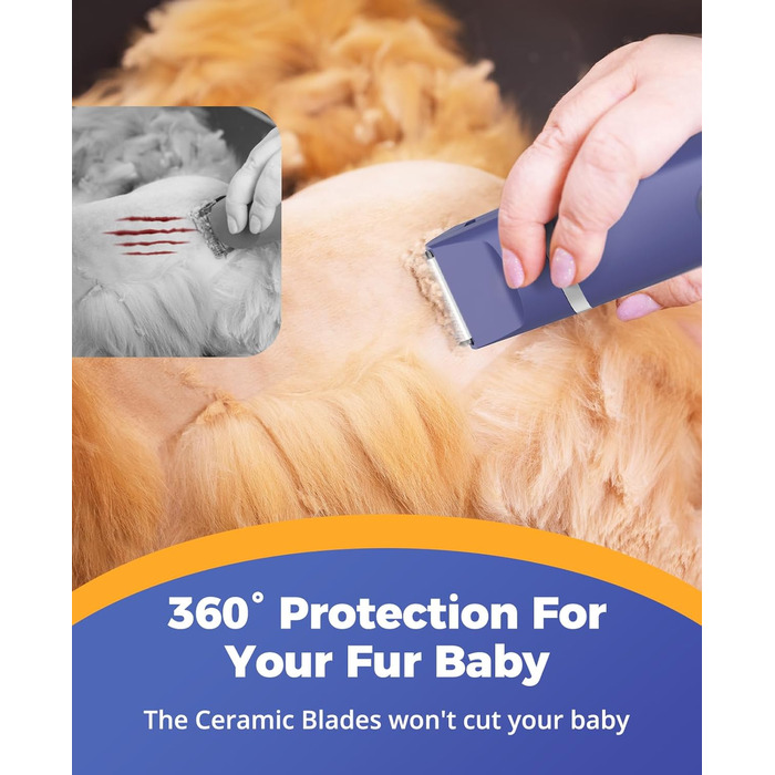 Машинка для стрижки собак і котів oneisall 4-в-1: стрижка, триммінг, шліфування кігтів. Безшумна, акумуляторна. 4 насадки для тіла, лап, очей, вух, обличчя. Білий/Синій колір
