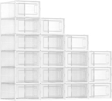 SONGMICS Shoe Boxes, 18-Piece Set, Plastic Shoe Organizer, Foldable and Stackable, for Shoes up to Size 44, Transparent-White LSP18SWT