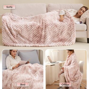 Електричний килим-плед CURECURE з підігрівом 130x180 см, 3D жакард, плюш та фланель, 6 режимів нагріву, таймер 1-10 годин, для ліжка, дивану, офісу (Рожевий)