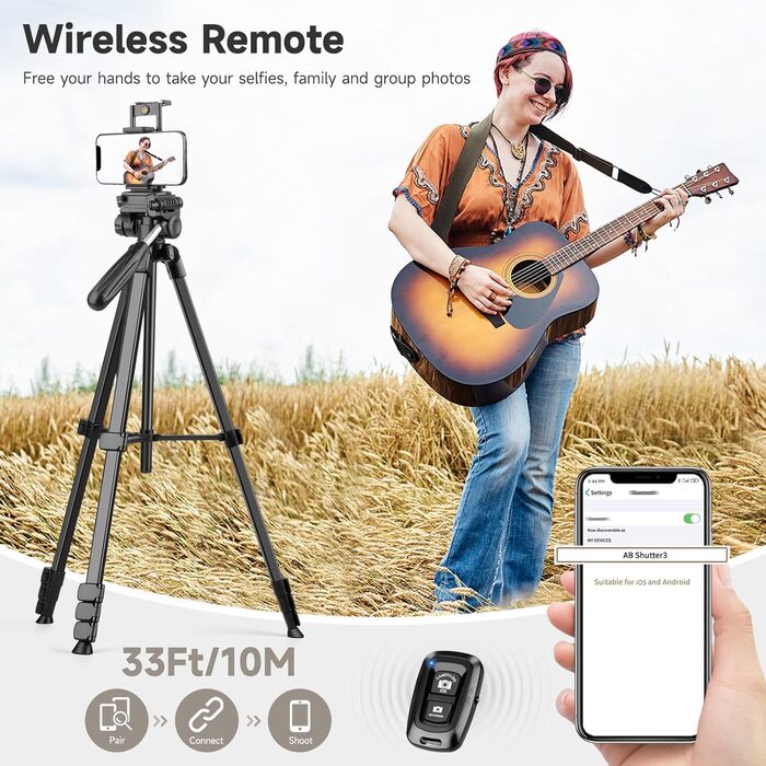 Штатив для камери JOILCAN 210.8 см: легкий трипод для смартфона, камери та селфі-палки з кульковою головкою 360° та пультом дистанційного керування. Алюмінієвий штатив з триножиною для Canon, Nikon, DSLR. Чорний.