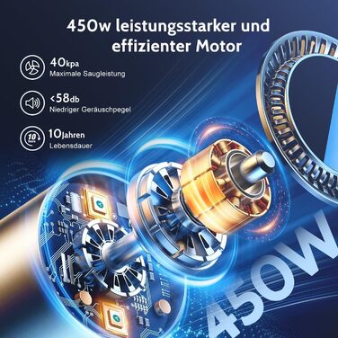 Бездротовий пилосос Authmic 40000Pa з HEPA-фільтрами, 50 хвилин роботи, 450W, для твердих поверхонь та килимів